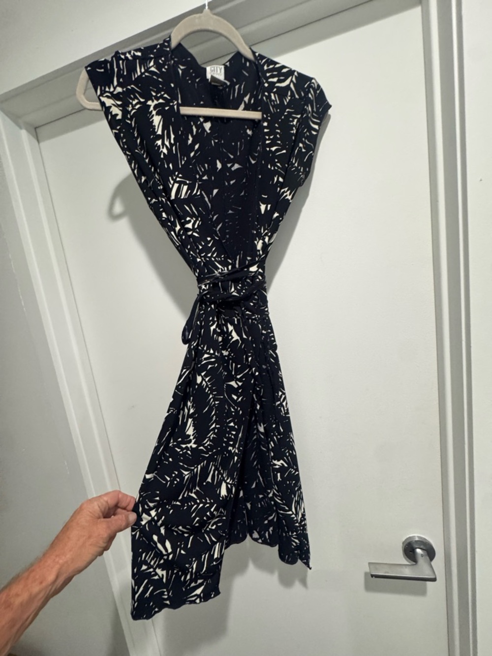DKNYC Black and White Abstract Midi Wrap Dress